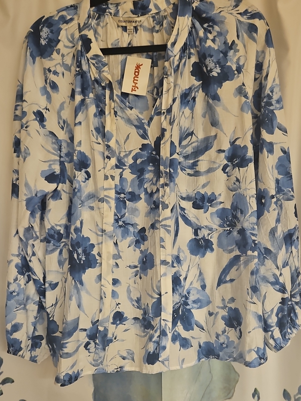Counterparts White and Blue Floral Tie-Neck Blouse